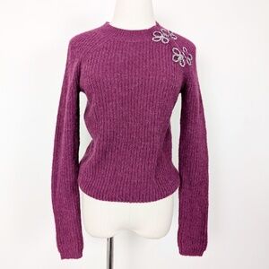 J. Crew Pink Knit Crew Neck Ribbed Long Sleeve Asymmetrical Beaded Shoulder